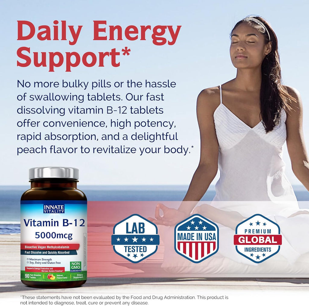 Innate Vitality Vitamina B12 5000mcg Sublingual, Metilcobalamina Vegano, 90 Comprimidos