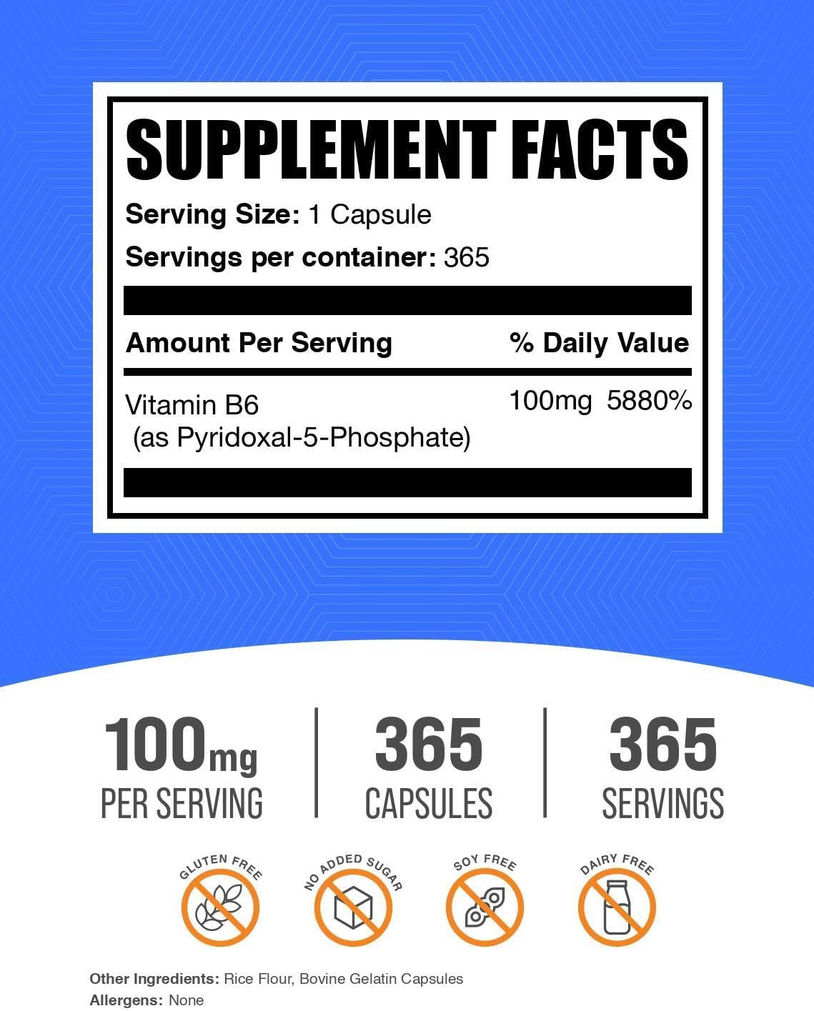 BulkSupplements.com Pyridoxal 5 Fosfato Cápsulas - Suplemento P5P, Vitamina B6 - Esencial y Sin Gluten, 100 mg, 365 Cápsulas