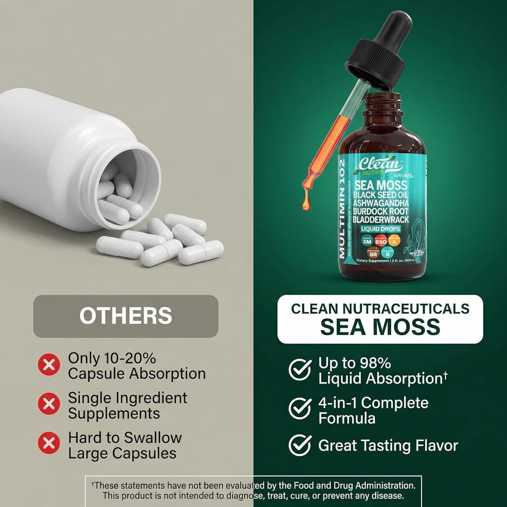 Clean Nutra Organic Sea Moss Drops - Multimineral Líquido con Ashwagandha y Aceite de Nigella