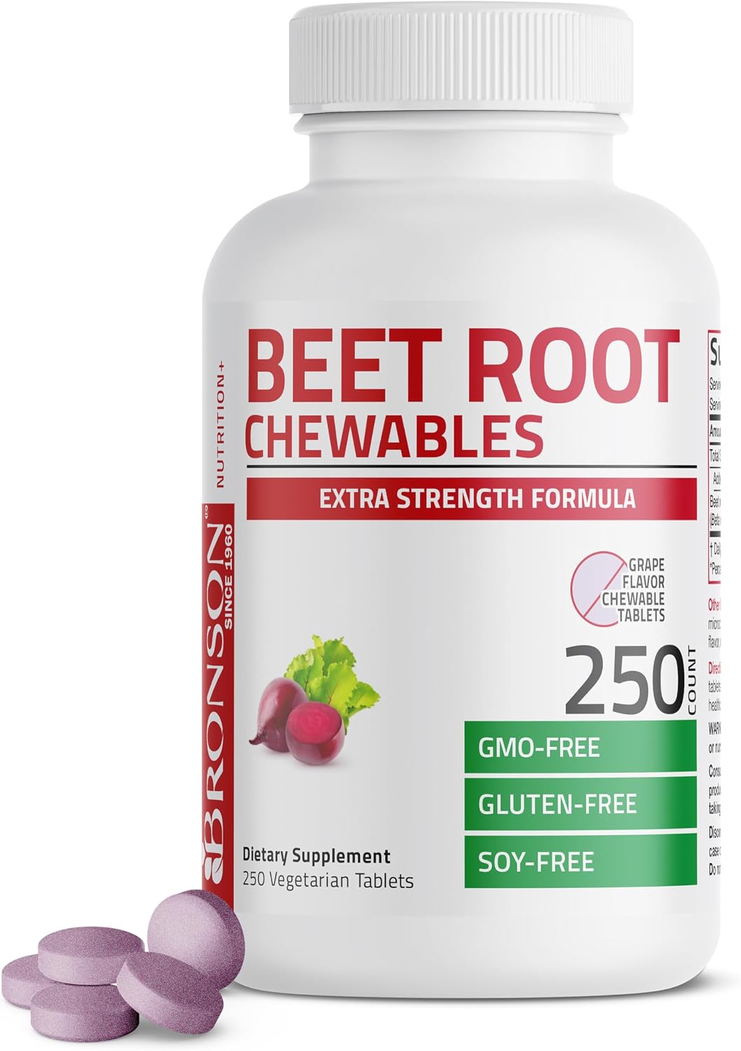 Bronson Beet Root Chewables, Sabor Uva - Extra Strength, 250 Comprimidos Masticables