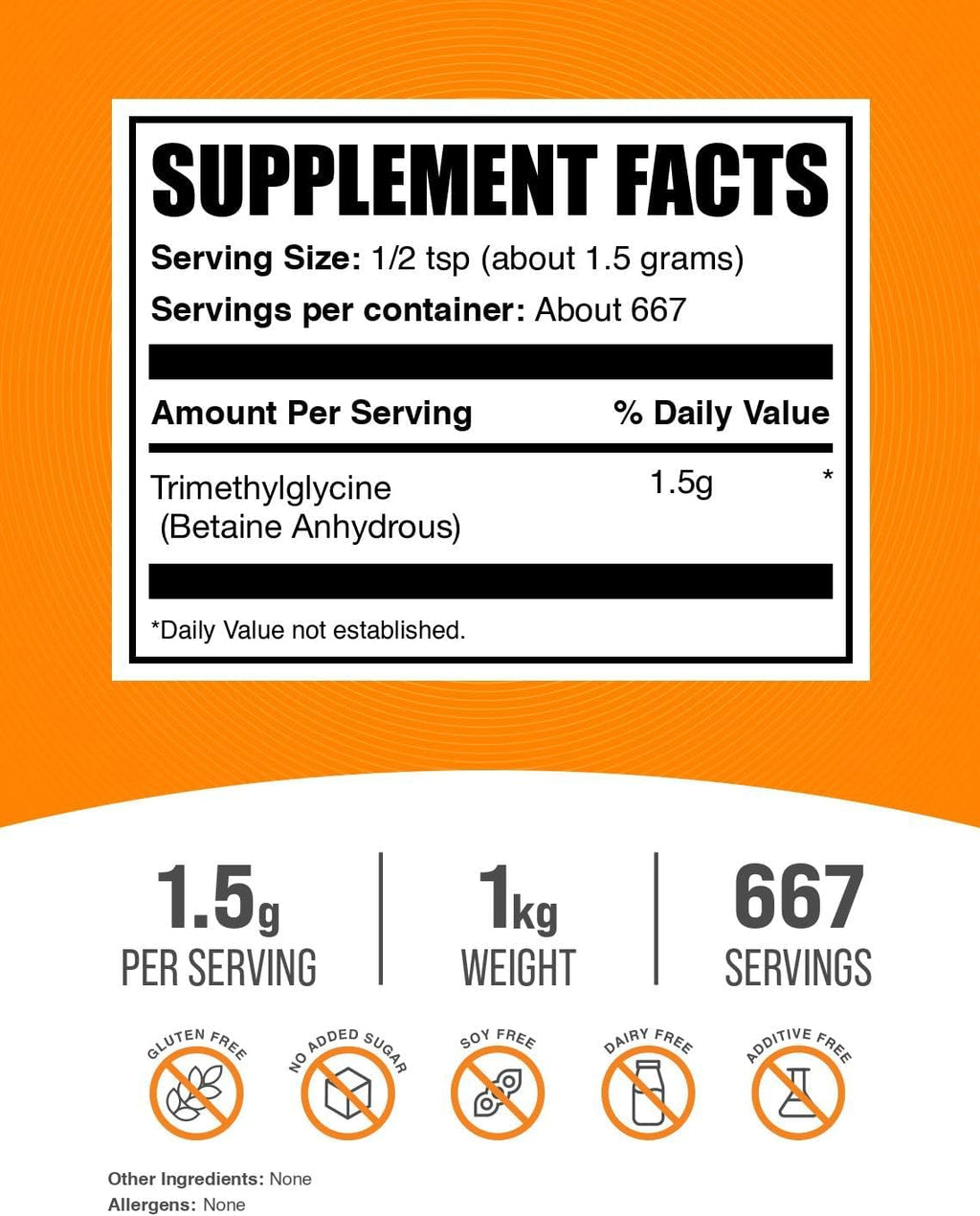 BulkSupplements.com Betaine Anhydrous Powder - Trimethylglycine (TMG) - Gluten-Free, 1500mg per serving, 1 kg (2.2 lbs)