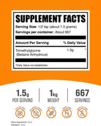 BulkSupplements.com Betaine Anhydrous Powder - Trimethylglycine (TMG) - Gluten-Free, 1500mg per serving, 1 kg (2.2 lbs)