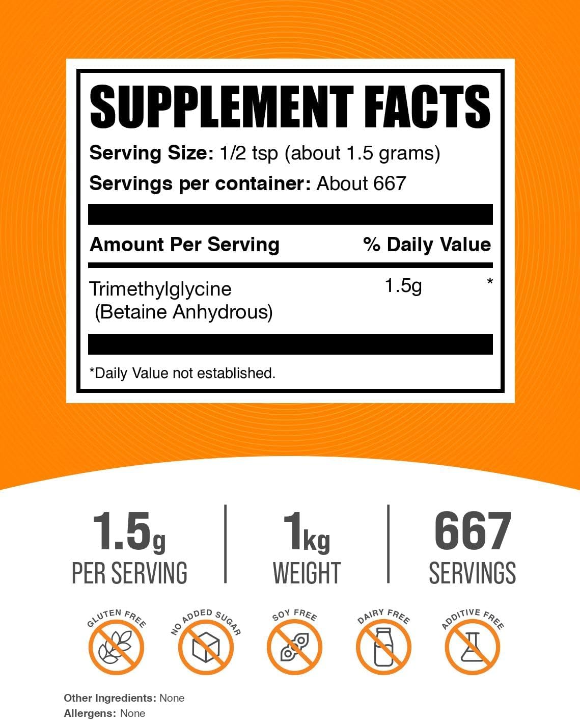 BulkSupplements.com Betaine Anhydrous Powder - Trimethylglycine (TMG) - Gluten-Free, 1500mg per serving, 1 kg (2.2 lbs)