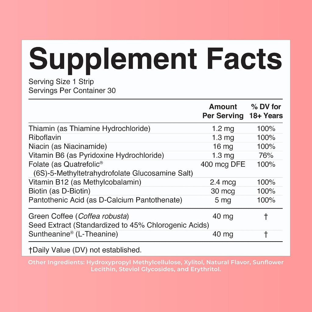 MaryRuth's Energy Dissolving Strips | B Vitamin Complex | Energy Metabolism | Vitamin B12 | Green Coffee Seed Extract | L Theanine | Strawberry Flavor | Vegan | Sugar Free | Gluten Free | 30 Count
