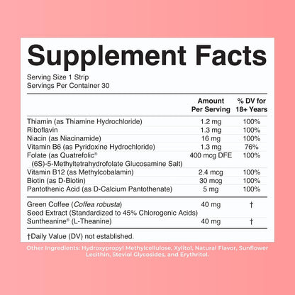 MaryRuth's Energy Dissolving Strips | B Vitamin Complex | Energy Metabolism | Vitamin B12 | Green Coffee Seed Extract | L Theanine | Strawberry Flavor | Vegan | Sugar Free | Gluten Free | 30 Count