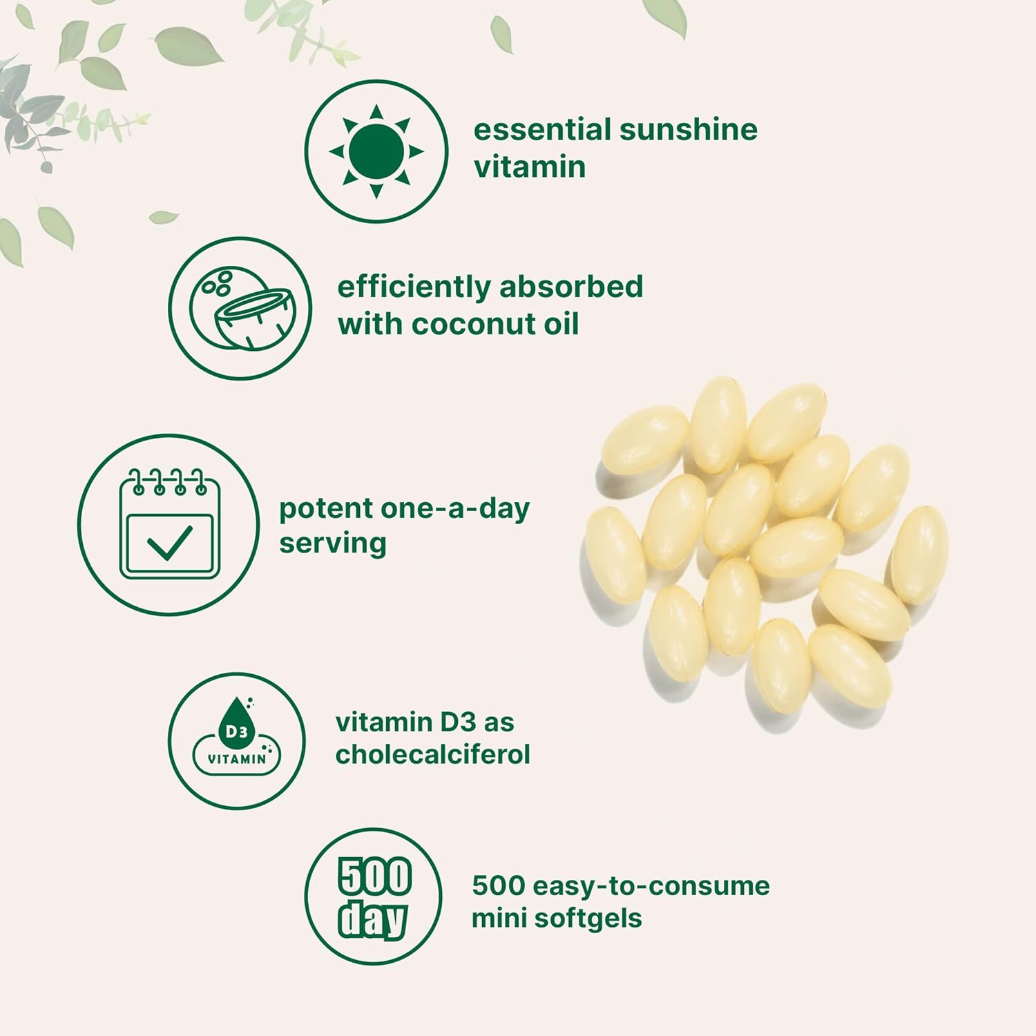 Micro Ingredients Vitamina D3 5.000 UI, 500 Cápsulas Blandas con Aceite de Coco Virgen | No Transgénico