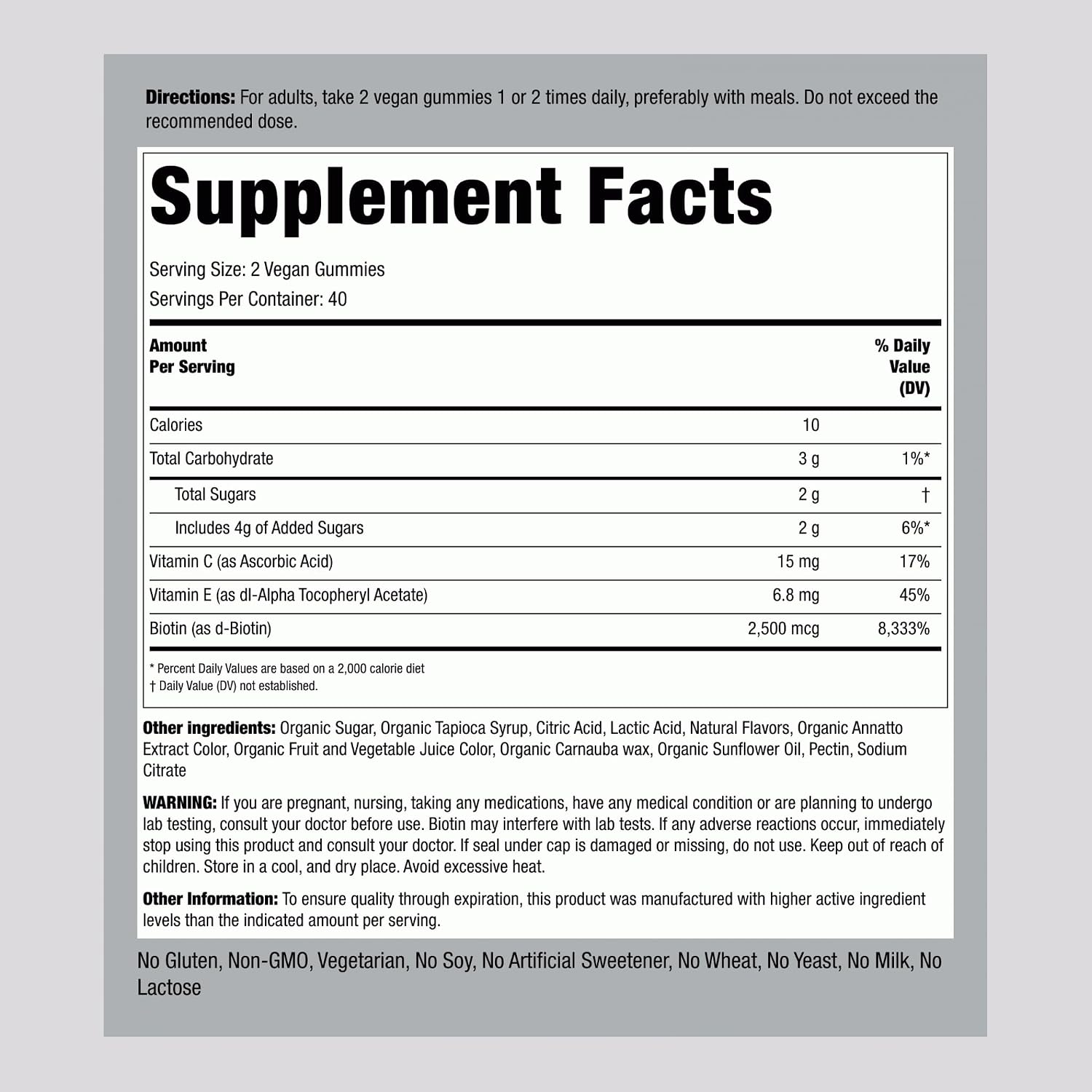 Piping Rock Vitaminas para Cabello, Piel y Uñas - 80 Gominolas - 2500 μg de Biotina - Multivitamínico con Vitamina C y E - Sabor Fruta - Vegano, Sin OGM, Sin Gluten