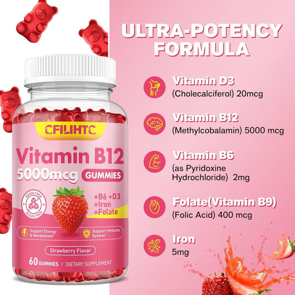 Gominolas de Vitamina B12 5000 mcg (Metilcobalamina) con B6, D3, Hierro y Folato - Sin Azúcar - Sabor Fresa