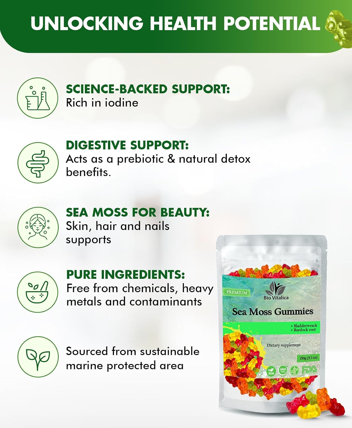 Sea Moss Gummies – con Bladderwrack y Bardana – 100 Gominolas