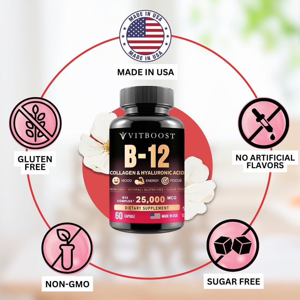 VITBOOST B12 Metilcobalamina 25000 mcg Complejo B con Colágeno y Hialurónico - Pack de 2