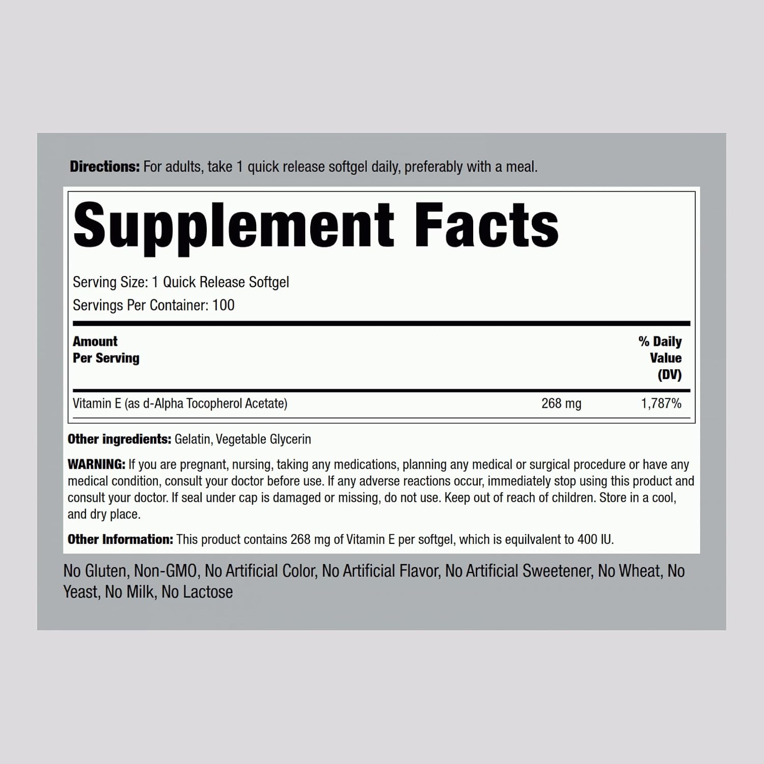 Piping Rock Vitamin E 400 IU Softgel Capsules | 268mg | 100 Pills | D-Alpha Tocopherol | Non-GMO, Gluten Free Supplement