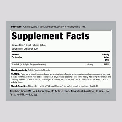 Piping Rock Vitamin E 400 IU Softgel Capsules | 268mg | 100 Pills | D-Alpha Tocopherol | Non-GMO, Gluten Free Supplement – Image 2