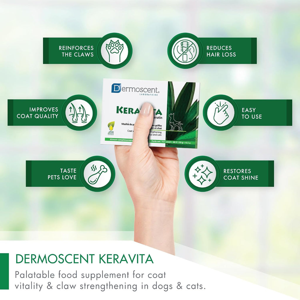 Dermoscent Keravita® Suplemento Alimenticio para la Piel y el Pelaje de Perros y Gatos - 30 Comprimidos Sabor a Pollo