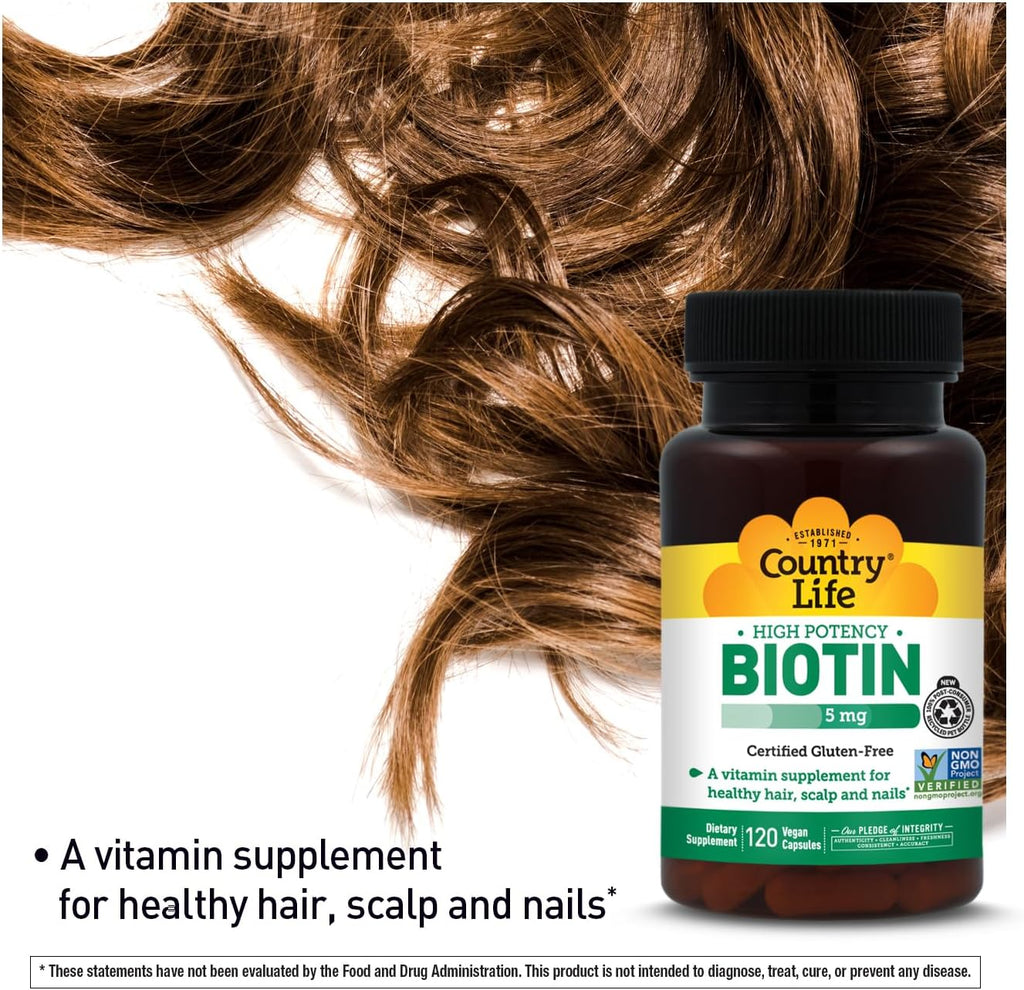 Country Life Biotina Alta Potencia 5 mg - 120 comprimidos - Sin gluten, vegano, sin OGM