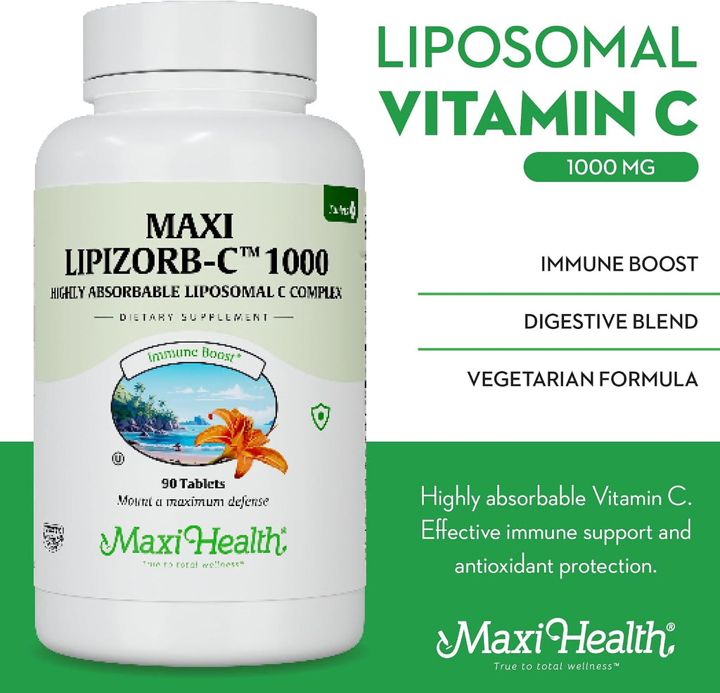 Maxi Health Lipizorb-C Vitamina C Liposomal 1000 mg – 90 Comprimidos – Suave para el Estómago con Quercetina y Jengibre – Vegano