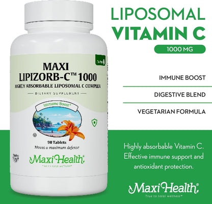 Maxi Health Vitamina C 1000mg – Suplemento Liposomal Suave para el Estómago con Quercetina, Jengibre y Pimienta Negra – 90 Comprimidos Veganos