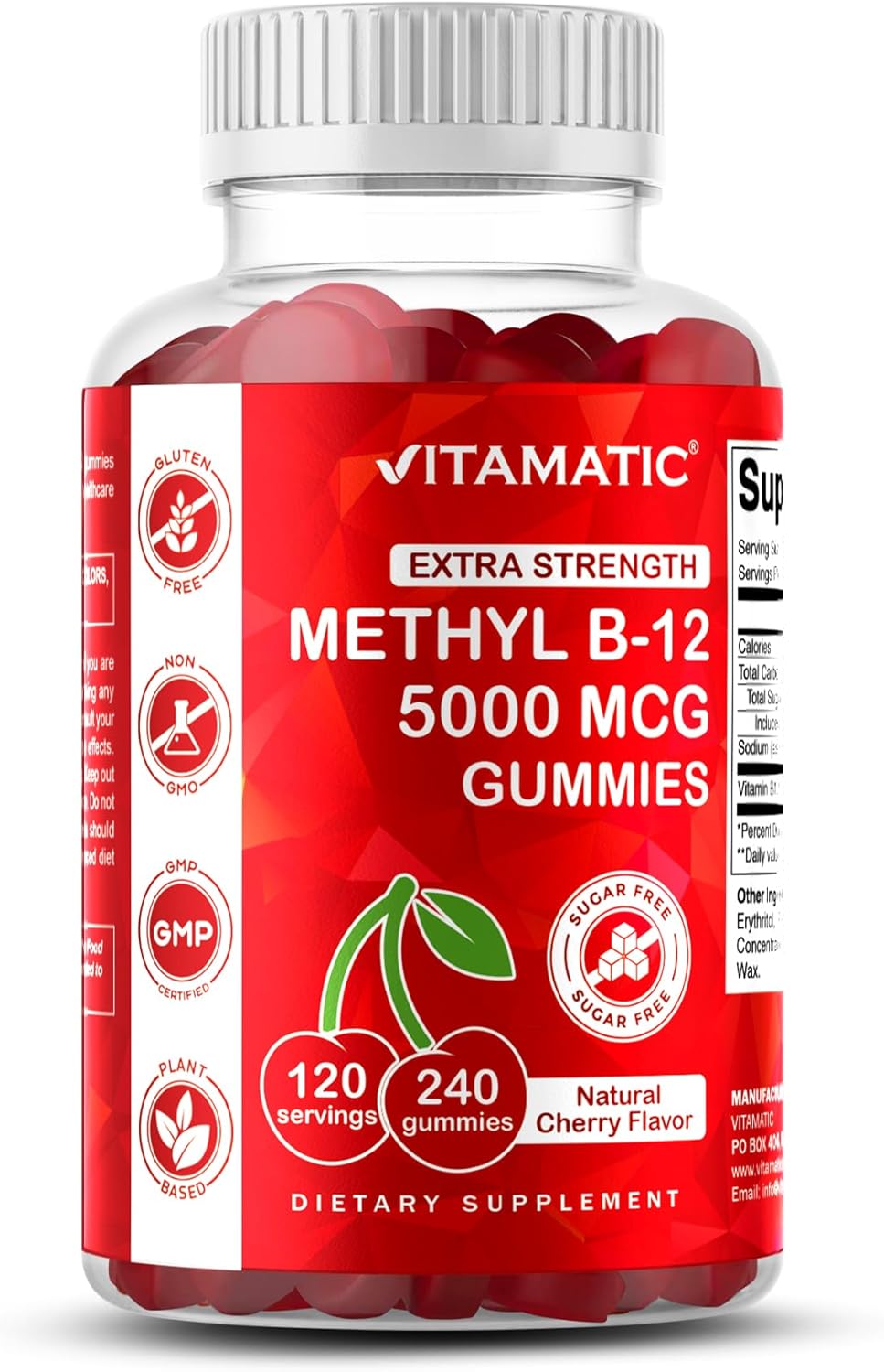 Vitamatic Vitamina B12 5000 mcg (Metilcobalamina) Gominolas - 240 Unidades, Sabor Cereza Natural