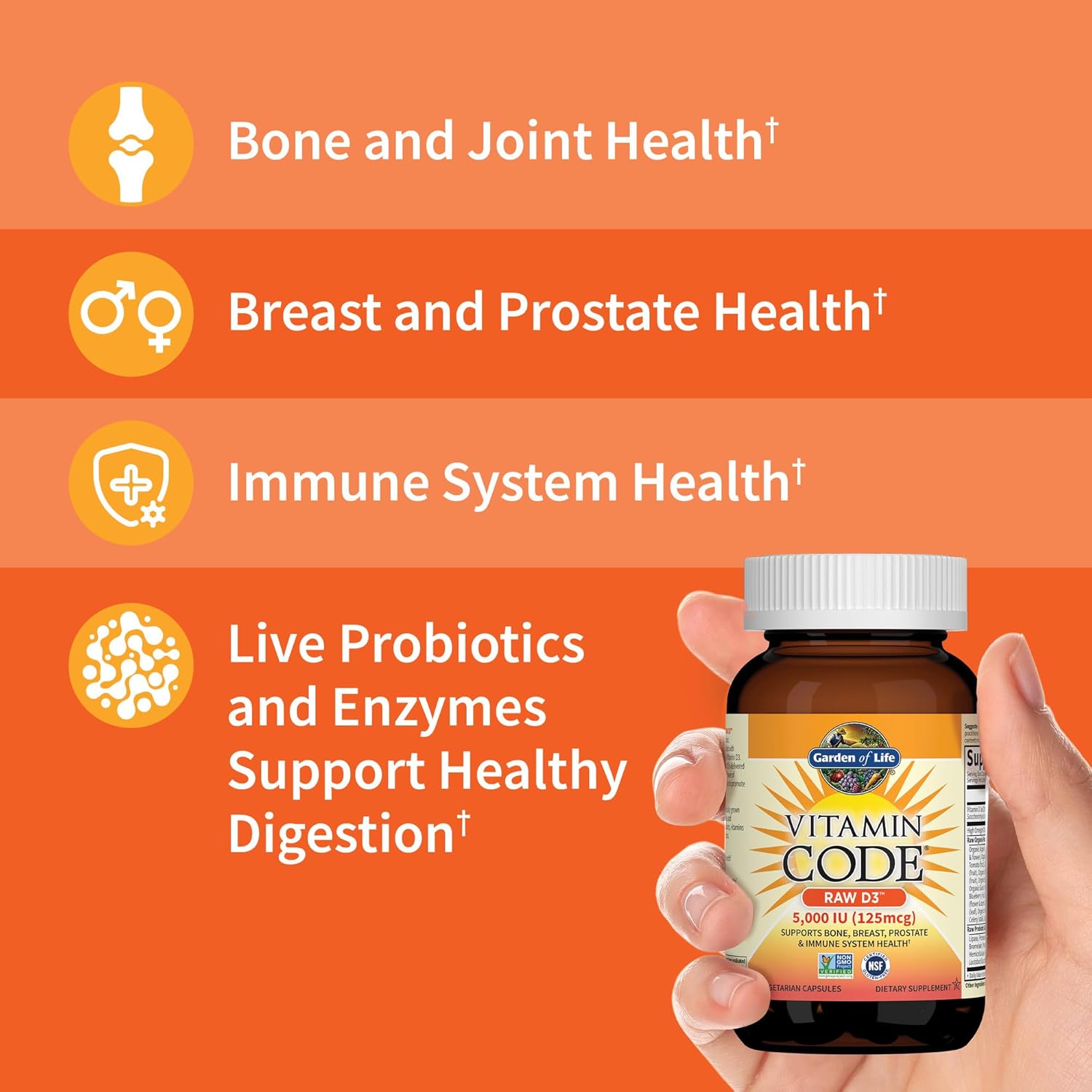 Garden of Life Vitamin Code - Vitamina D3 2000 UI - 120 Cápsulas - Complemento Alimenticio con Probióticos y Enzimas