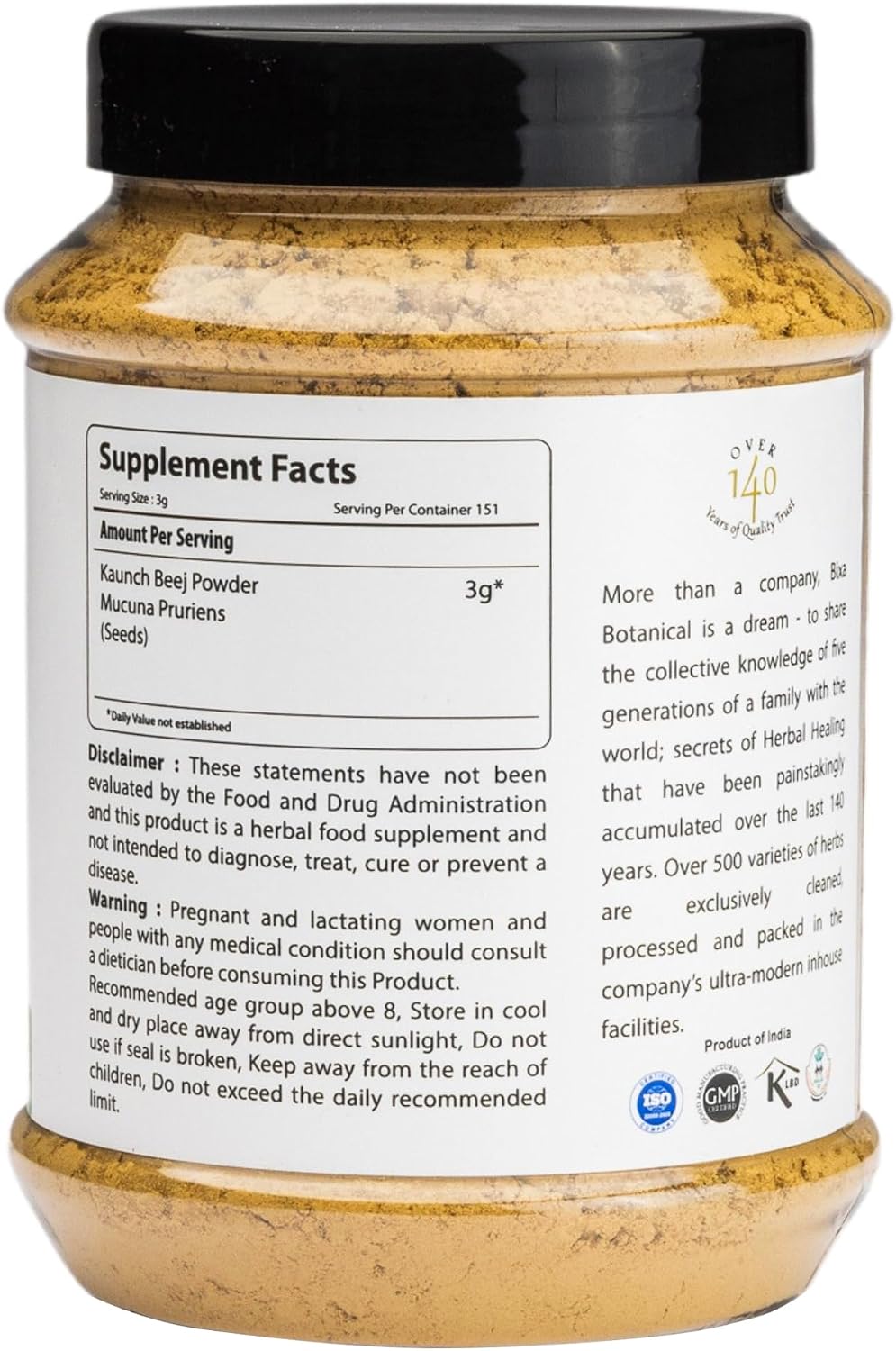 bixa BOTANICAL Mucuna Pruriens en polvo | 454 g | Vegano, sin gluten, tratado al vapor