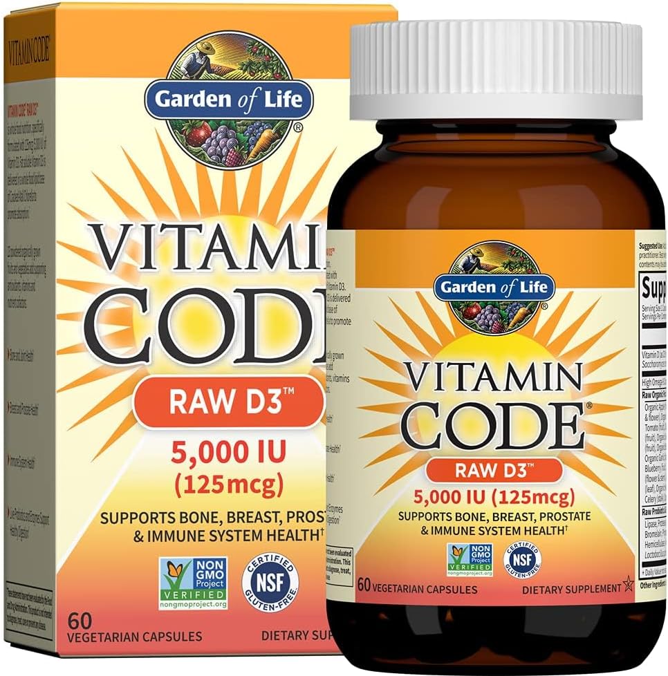 Garden of Life Vitamina D3 5000 UI, Suplemento de Alimentos Integrales con Chlorella, Frutas, Verduras y Probióticos, para Huesos e Inmunidad, 60 Cápsulas Vegetarianas