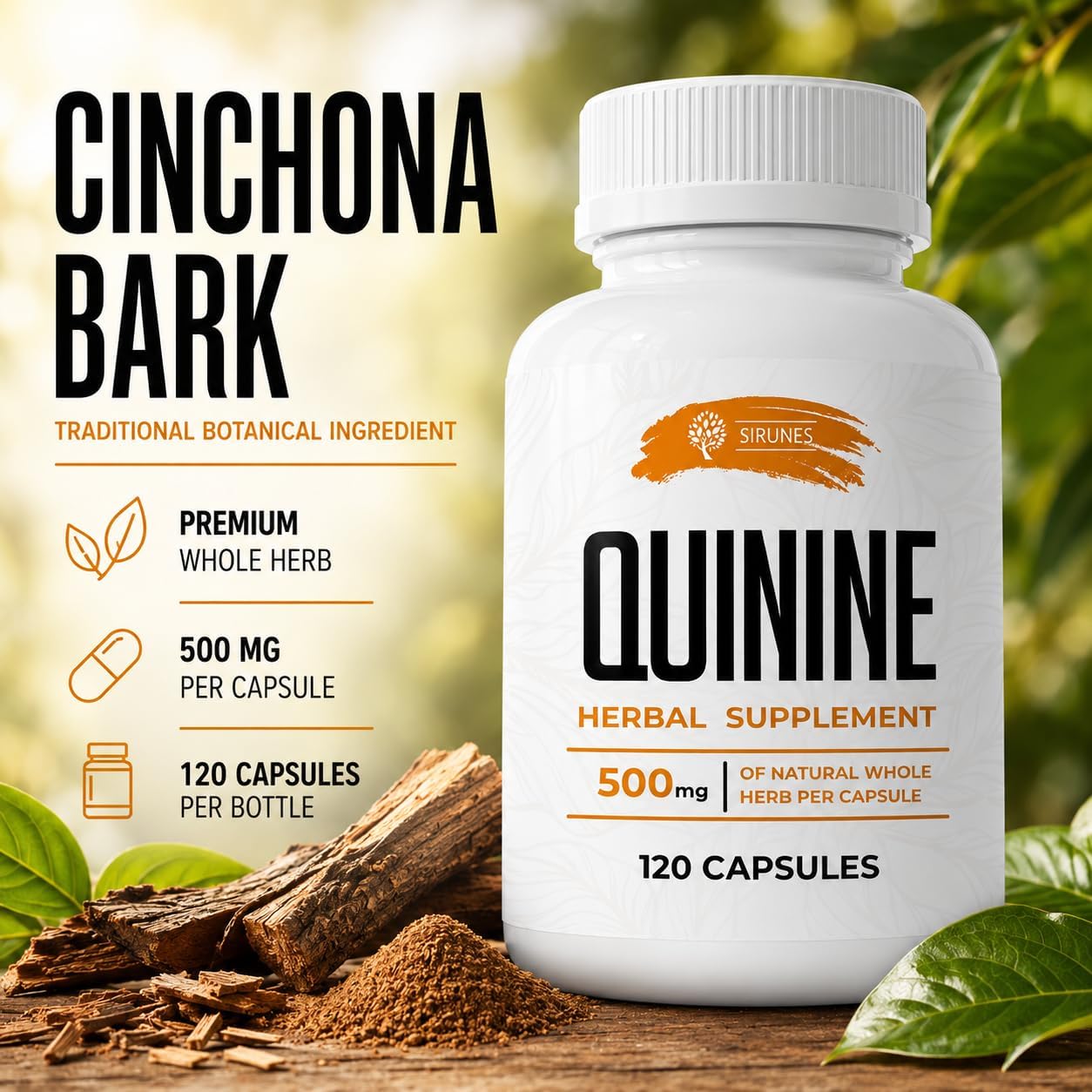 Cápsulas de Quinina Natural – Corteza de Cinchona 500 mg, 120 Comprimidos – Suplemento para Calambres y Digestión
