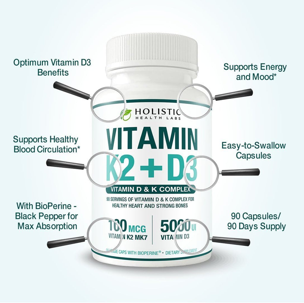 Max Absorption Vitamina D3 5000 UI + K2 MK-7 con BioPerine – 90 Cápsulas Vegetales