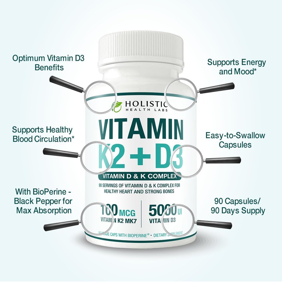 Max Absorption Vitamina D3 5000 UI + K2 MK-7 con BioPerine – 90 Cápsulas Vegetales