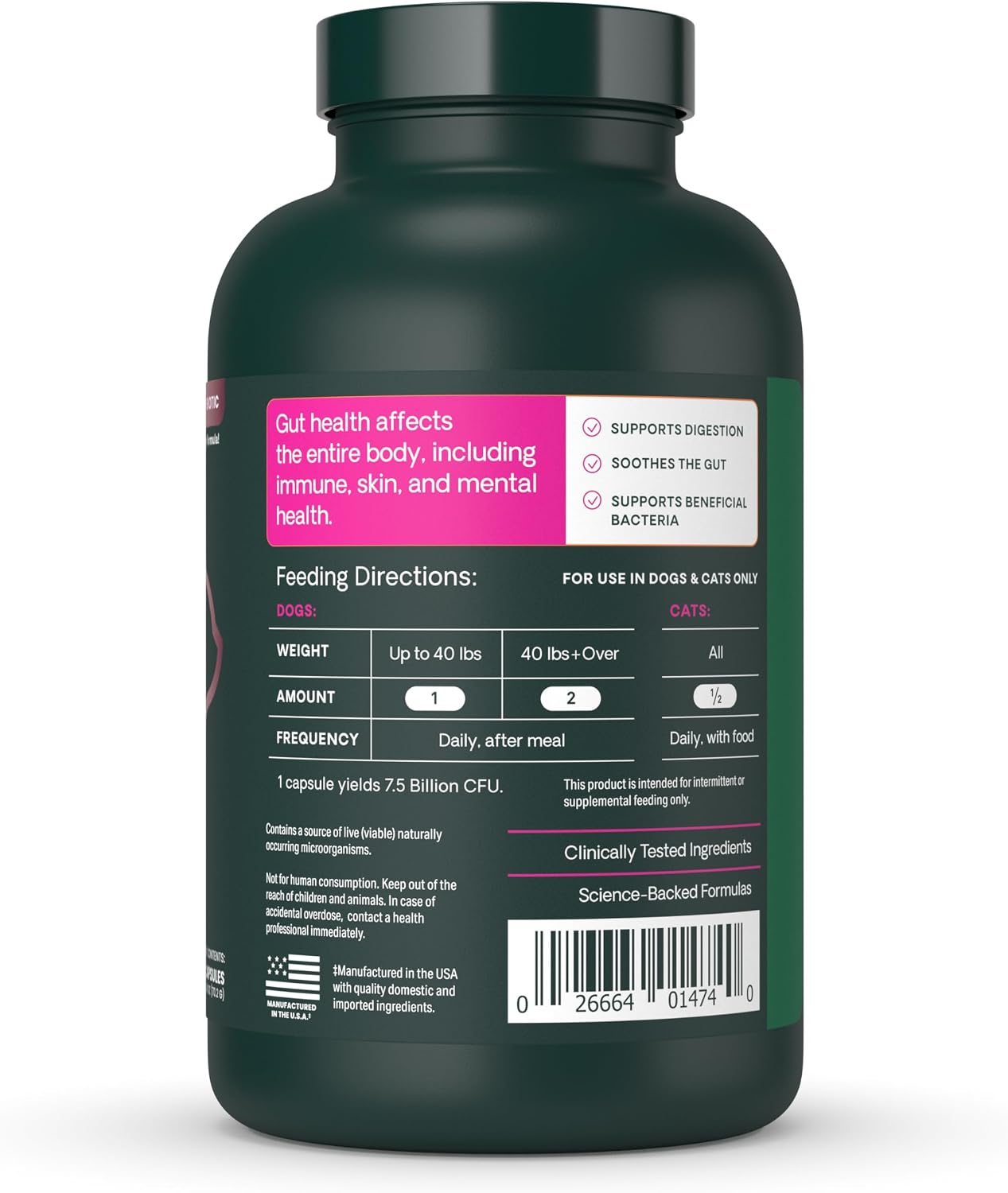 VetriScience Extra Strength Gut Health - Probiótico y Prebiótico para Perros y Gatos - 180 Cápsulas