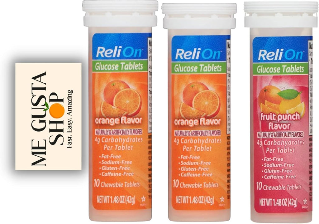 Glucose Tablets Relion - Pack de 2 Sabores Naranja y Ponche de Frutas (20 Comprimidos) - Incluye Pegatina Me Gustas