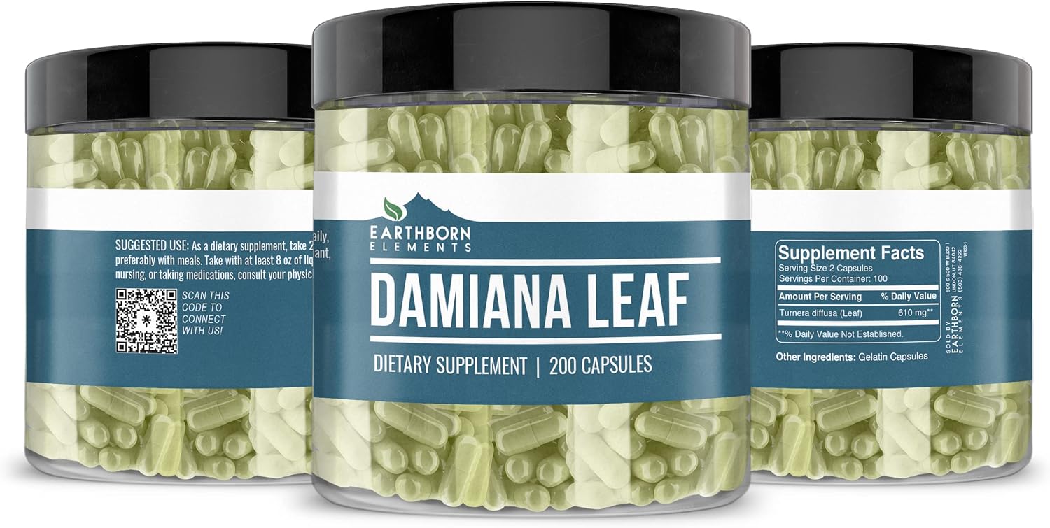 Earthborn Elements Damiana Leaf 200 Cápsulas, Puro y sin Diluir, Sin Aditivos