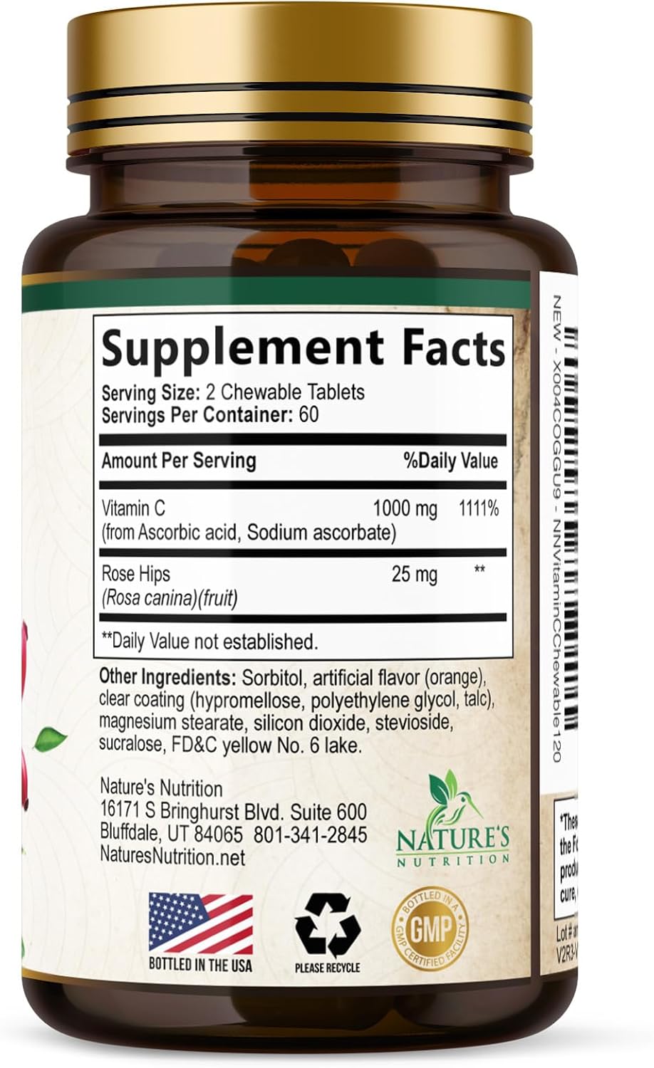 Vitamina C 1000 mg Masticable sin Azúcar con Escaramujo - 120 Comprimidos - Nature's Nutrition
