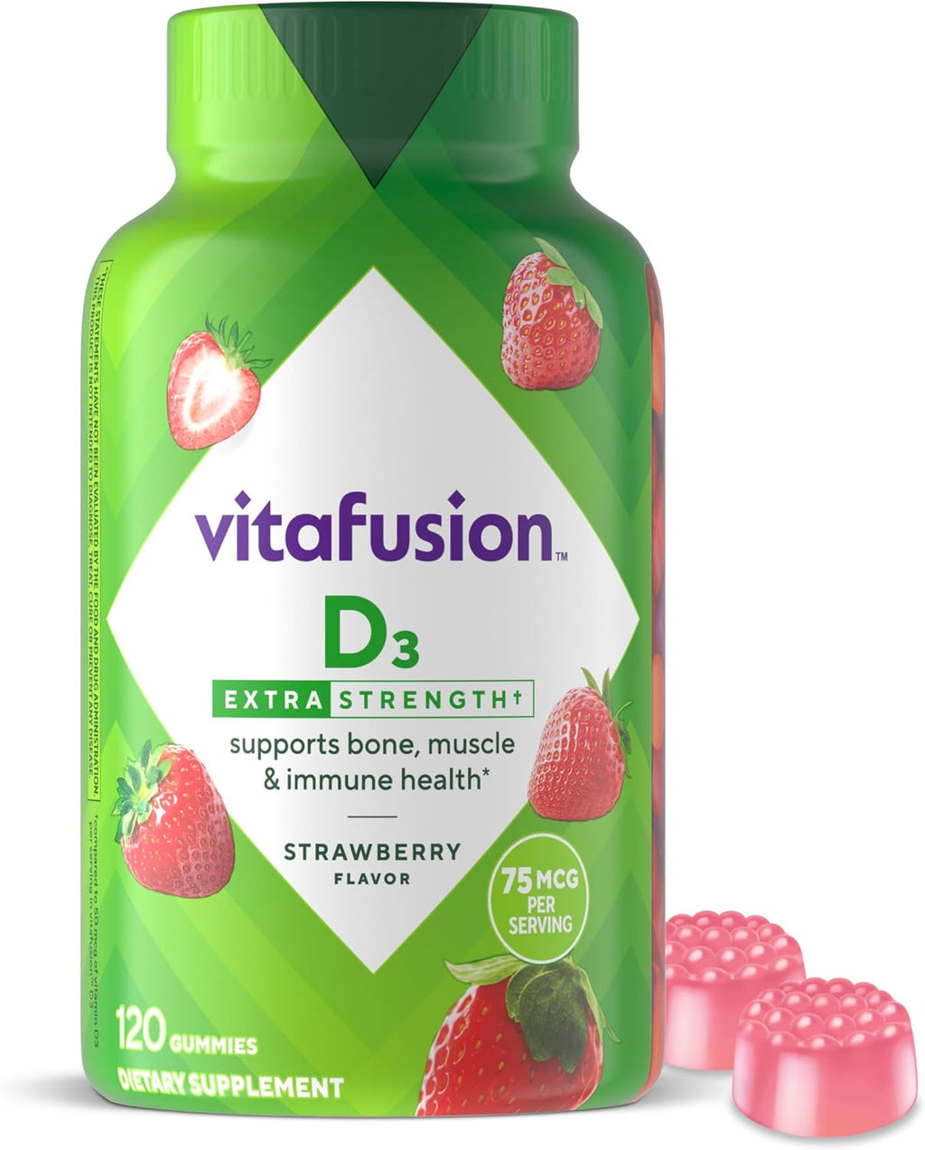 Vitafusion Gominolas de Vitamina D3 de Fuerza Extra, Sabor Fresa, 120 Unidades