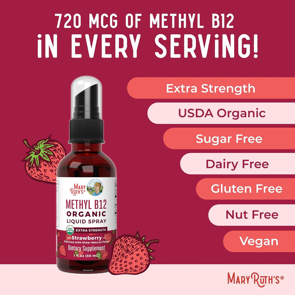 MARYRUTH'S Vitamin B12 Liquid Spray | 720 mcg | Metilcobalamina | USDA Orgánico | Vegano | Sin Gluten | 1 Fl Oz