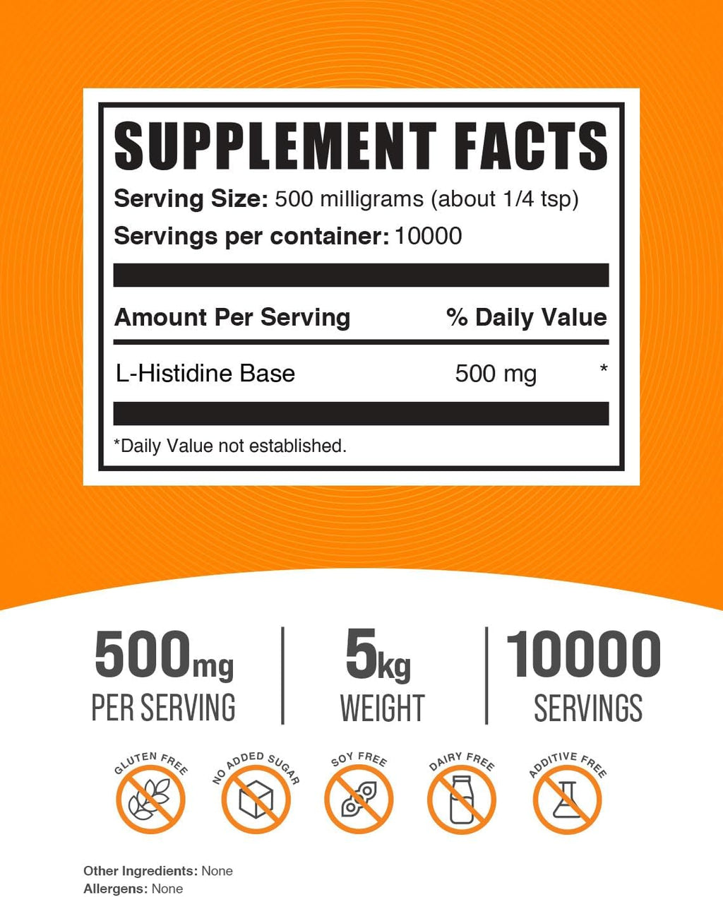 L-Histidina en Polvo - Aminoácido Esencial, 500mg por Dosis, Sin Gluten