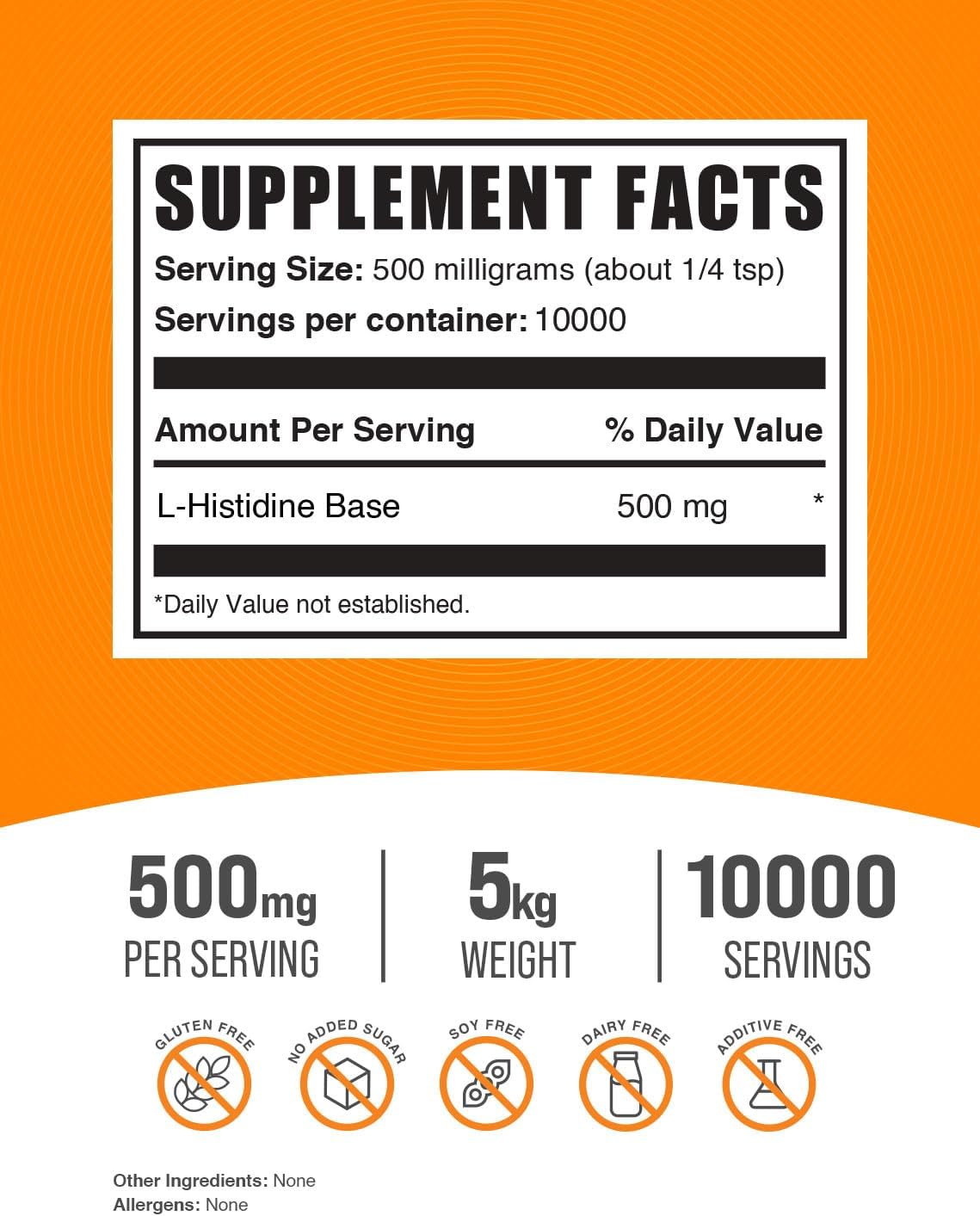 L-Histidina en Polvo - Aminoácido Esencial, 500mg por Dosis, Sin Gluten