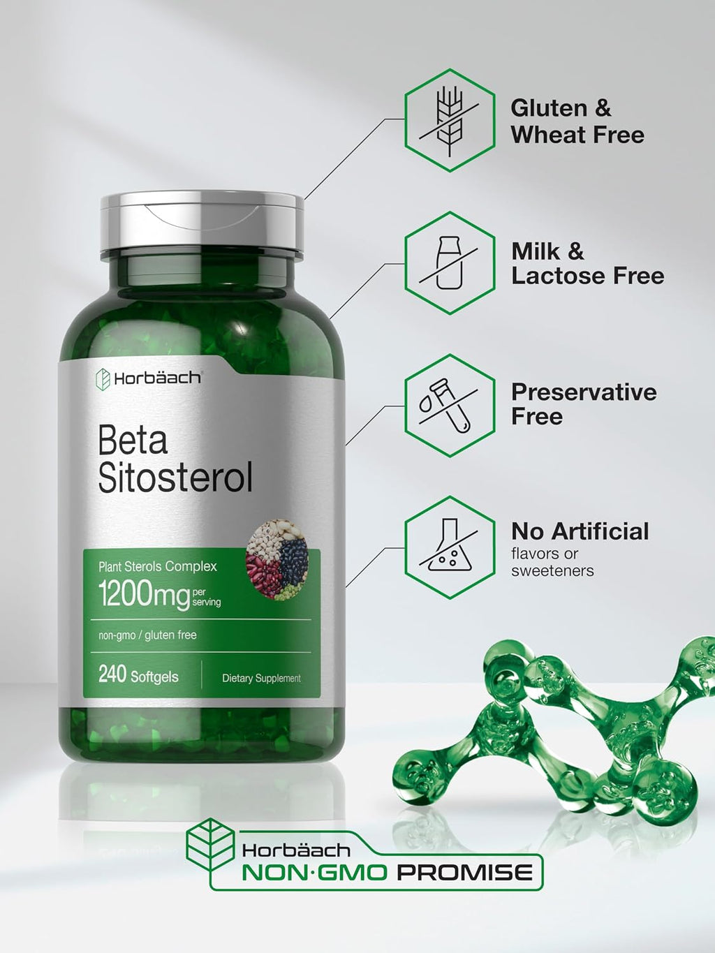 Horbäach Beta Sitosterol 1200 mg | 240 Cápsulas Blandas | Complejo de Esteroles Vegetales | Sin Gluten, No Transgénico