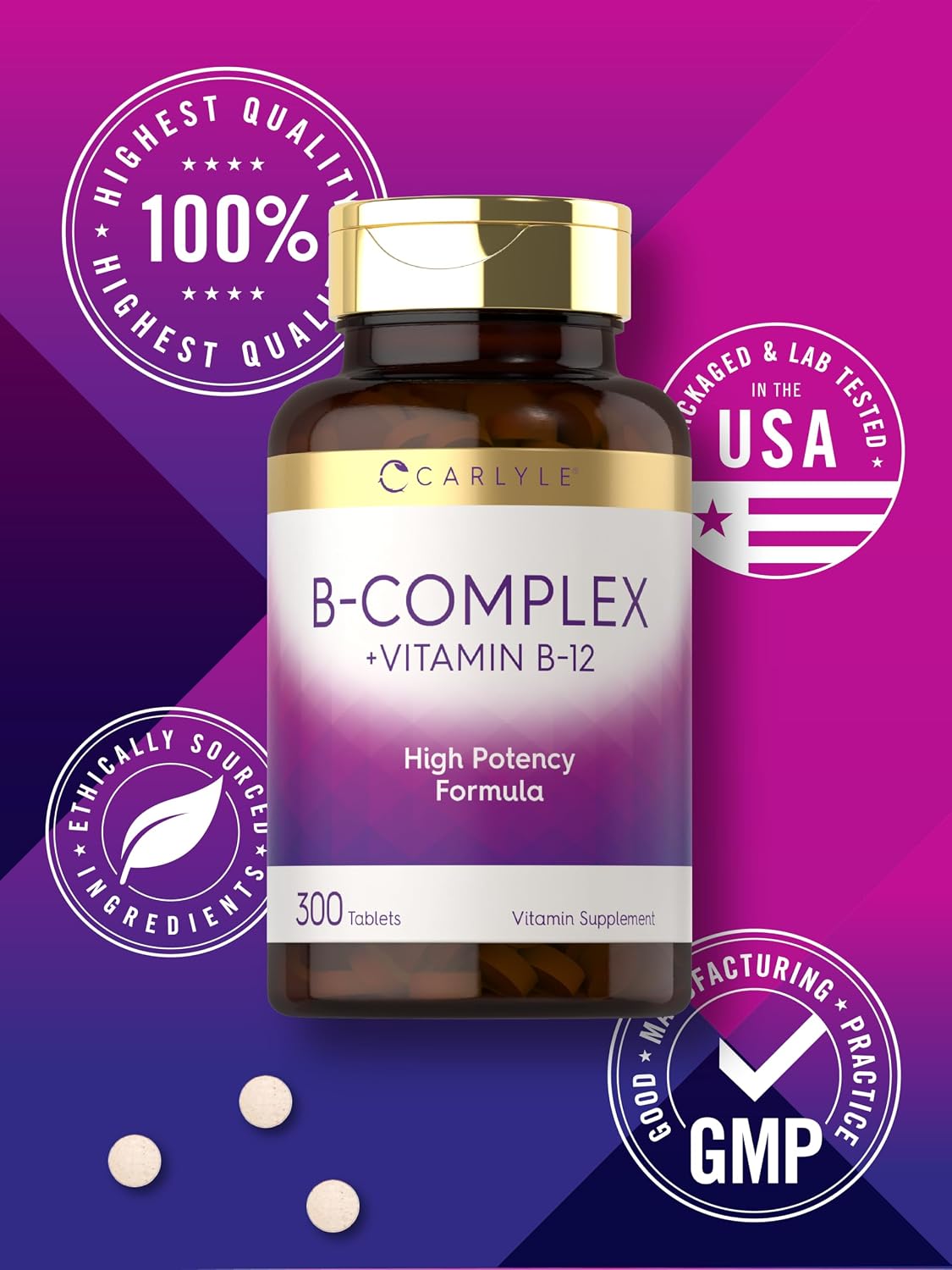 Complejo B con B12 de Carlyle | 300 Comprimidos | Fórmula de Alta Potencia | Suplemento Vegetariano y No-GMO