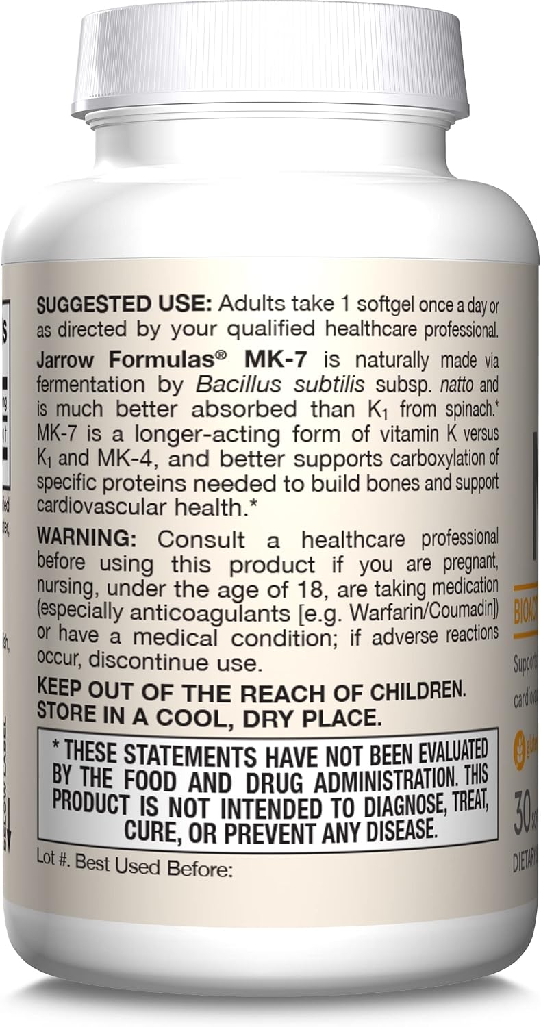Jarrow Formulas MK-7 - Vitamina K2 (90 mcg) - 30 Cápsulas Blandas - Para la Salud Ósea y Cardiovascular
