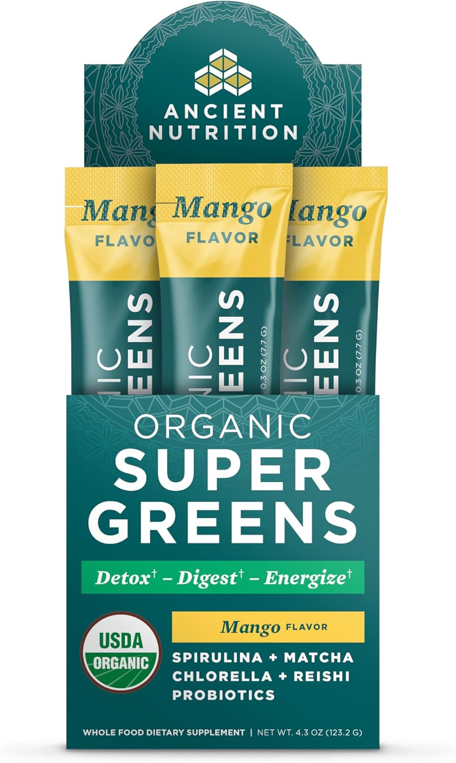 Ancient Nutrition SuperGreens Powder con Probióticos - Sabor Mango Orgánico - 16 Sticks
