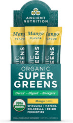 Ancient Nutrition SuperGreens Powder con Probióticos - Sabor Mango Orgánico - 16 Sticks