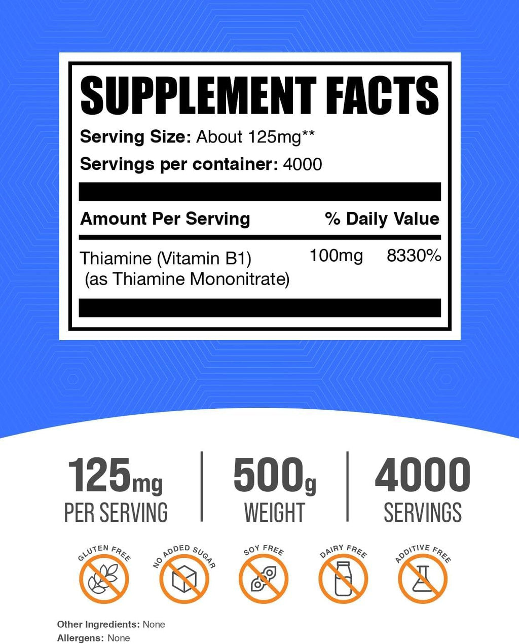 Mononitrato de Tiamina en Polvo - Suplemento de Vitamina B1, 125mg por porción, 500g