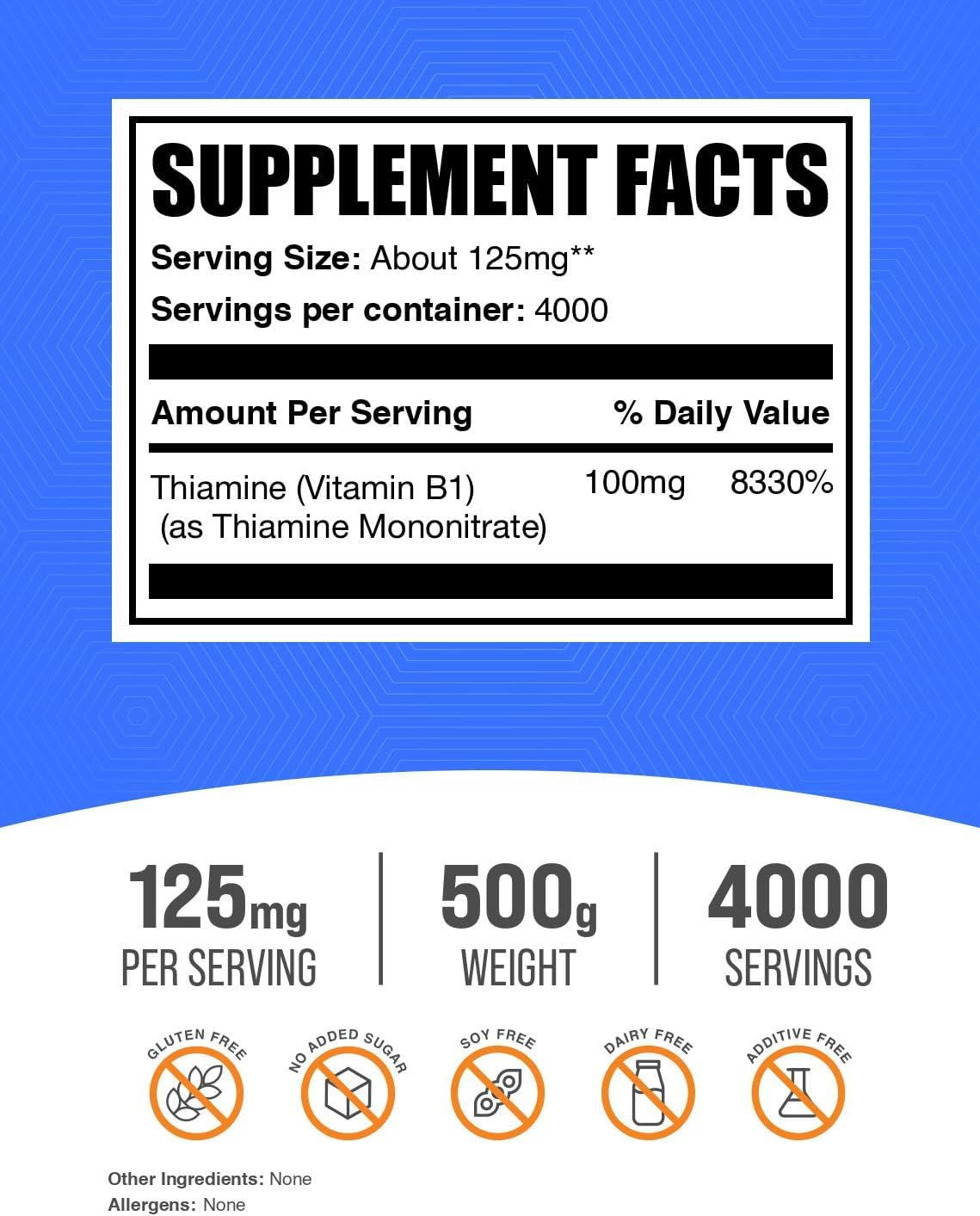 Mononitrato de Tiamina en Polvo - Suplemento de Vitamina B1, 125mg por porción, 500g