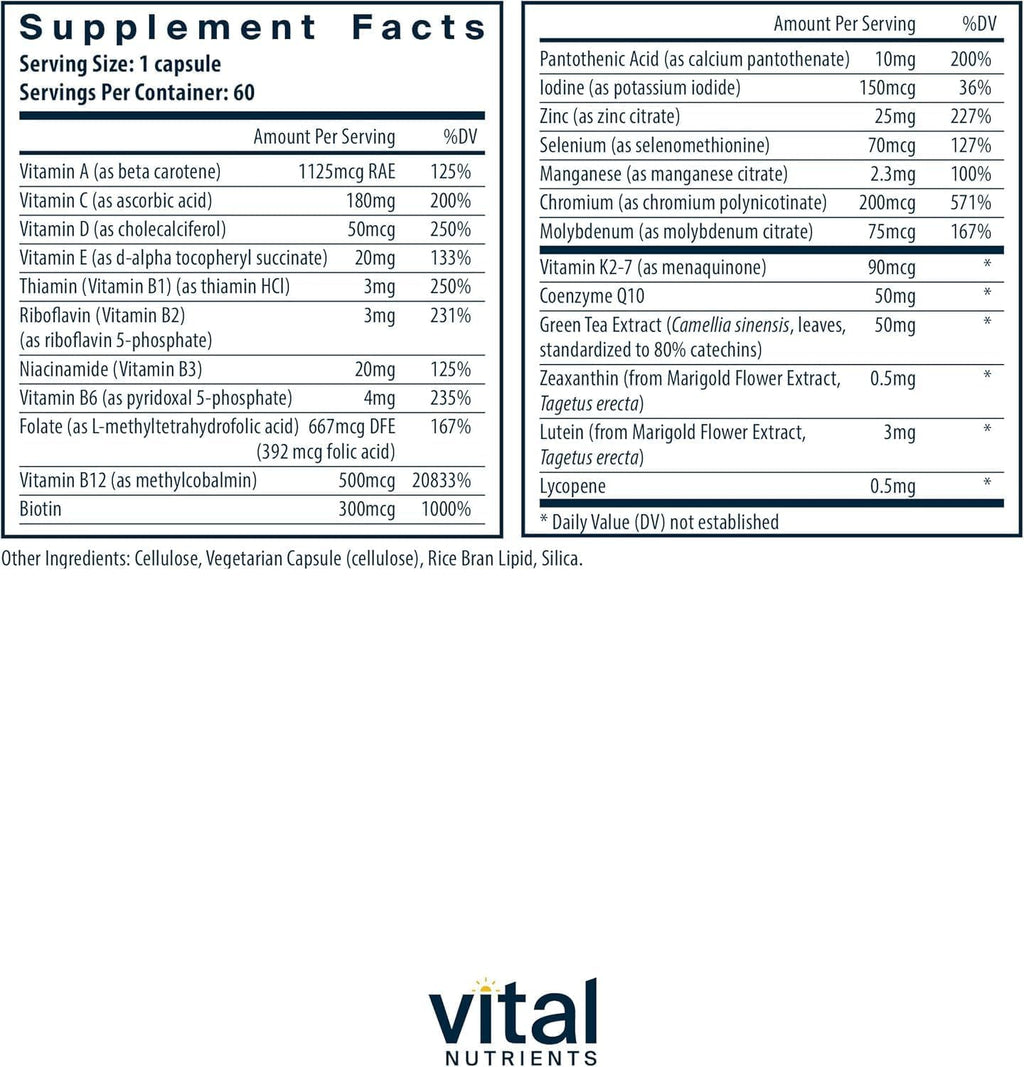 Vital Nutrients Multivitamínico Diario Vegano para Mujeres y Hombres - Sin Alérgenos - 19 Vitaminas Esenciales + Antioxidantes para la Salud Ocular y Cardíaca - Sin Gluten, Lácteos ni Soja - 60 Cápsulas