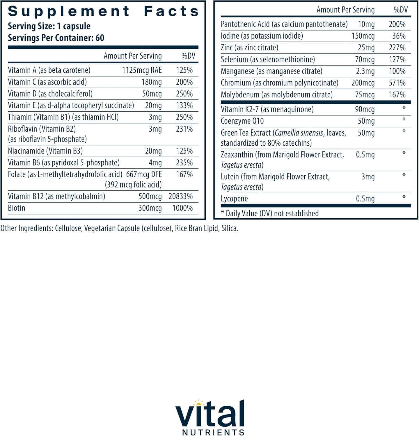 Vital Nutrients Multivitamínico Diario Vegano para Mujeres y Hombres - Sin Alérgenos - 19 Vitaminas Esenciales + Antioxidantes para la Salud Ocular y Cardíaca - Sin Gluten, Lácteos ni Soja - 60 Cápsulas