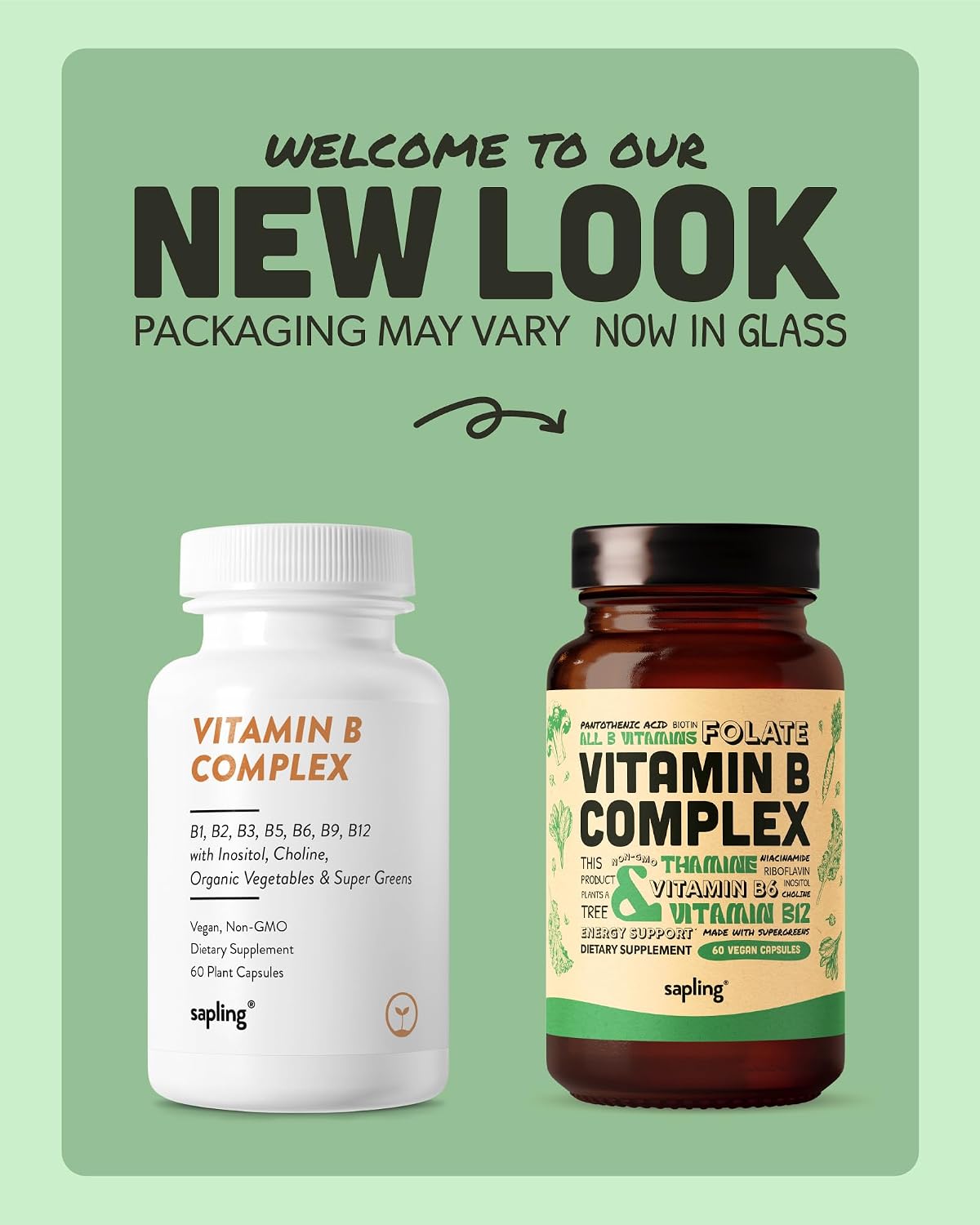 Sapling Complejo B Vegano - Mezcla de Alimentos Integrales con Vitaminas B1, B2, B3, B5, B6, B7, Folato, B12 - 60 Cápsulas