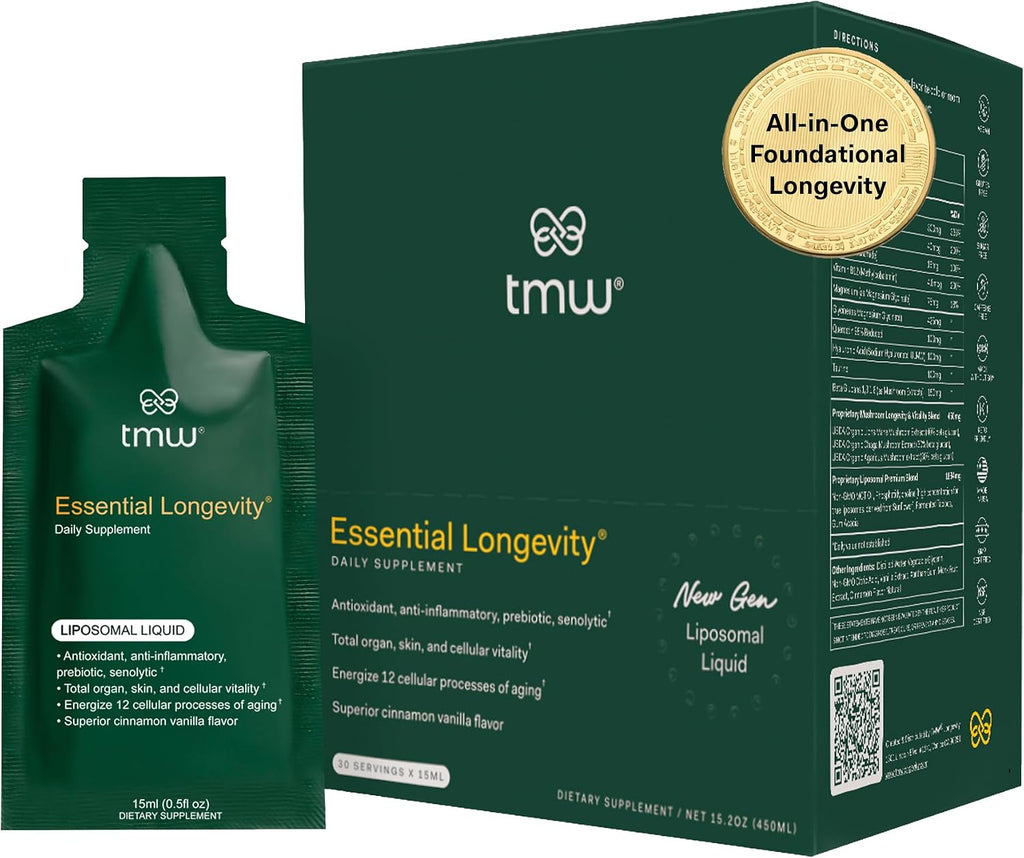 Essential Longevity® — 100% Liposomal 15-in-One Stack. NAD+ Precursor Nicotinamida, Quercetina, C, D3, B12, Magnesio Glicinato, Melena de León, Chaga, Agaricus, Taurina, Hialuronato Sódico. 30 Sobres.