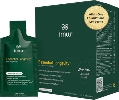 Essential Longevity® — 100% Liposomal 15-in-One Stack. NAD+ Precursor Nicotinamida, Quercetina, C, D3, B12, Magnesio Glicinato, Melena de León, Chaga, Agaricus, Taurina, Hialuronato Sódico. 30 Sobres.
