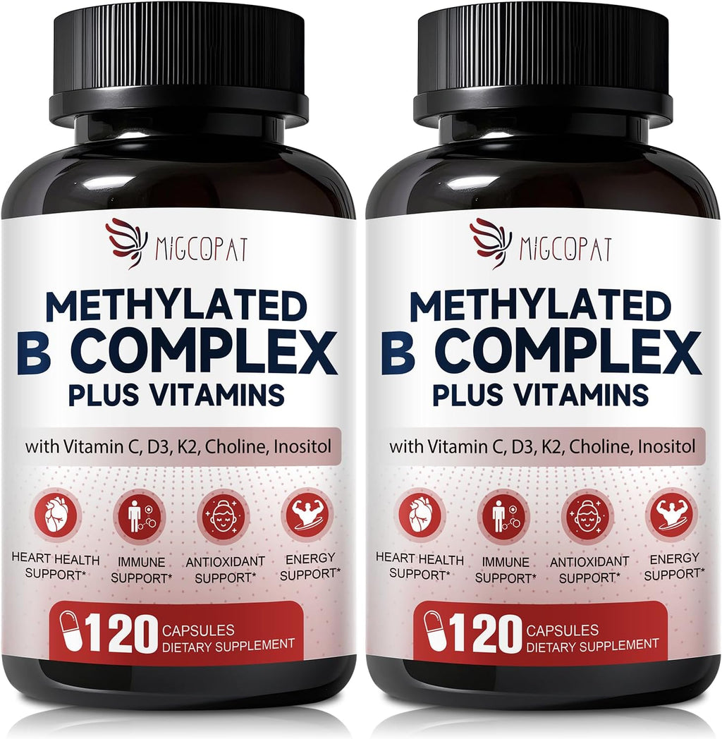 Migcopat Complejo B Metilado 17-en-1, 258,150 mcg Multivitamínico, B12 Metilcobalamina, Metilfolato, Vitamina C, Vitamina D3 K2, CoQ10, Biotina, TMG - 120 Cápsulas