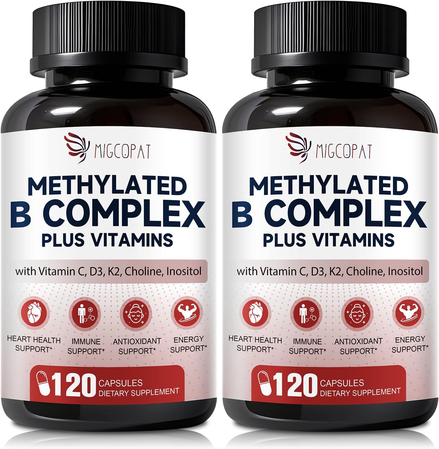 Migcopat Complejo B Metilado 17-en-1, 258,150 mcg Multivitamínico, B12 Metilcobalamina, Metilfolato, Vitamina C, Vitamina D3 K2, CoQ10, Biotina, TMG - 120 Cápsulas