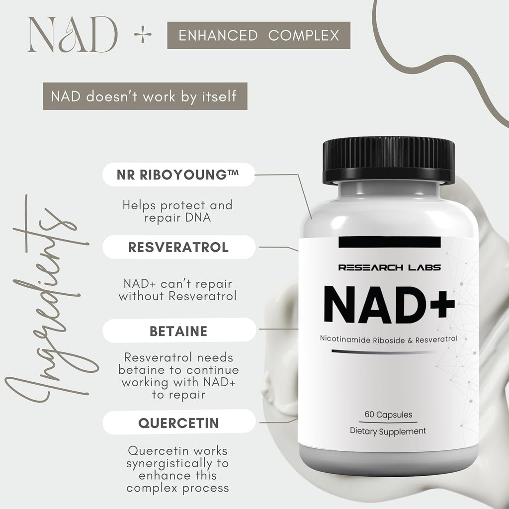 Research Labs NAD+ Supplement 2 por 1 Fórmula Patentada con RiboYOUNG™ | Activador NRF2, Nicotinamida Ribósido, Quercetina, Resveratrol, Betaína
